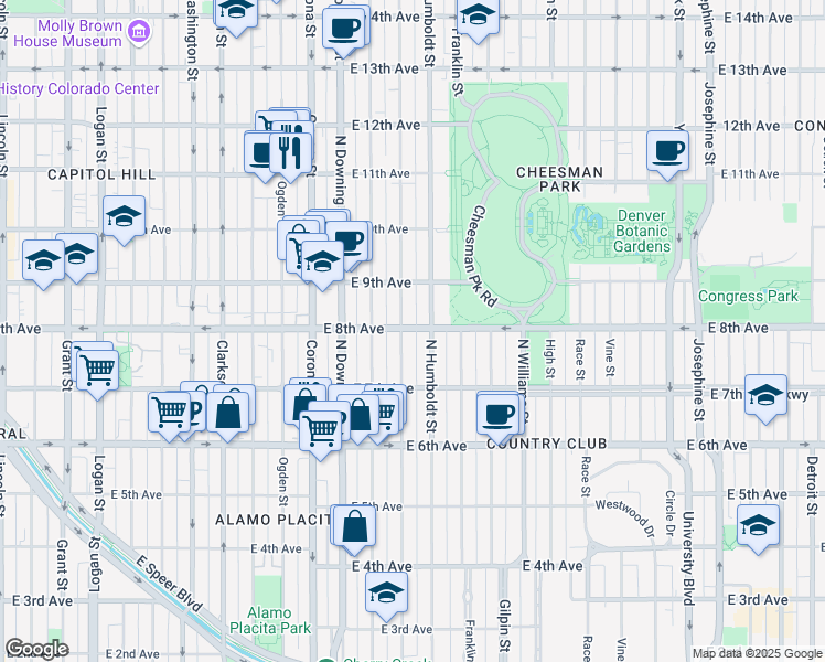 map of restaurants, bars, coffee shops, grocery stores, and more near 1426 East 8th Avenue in Denver