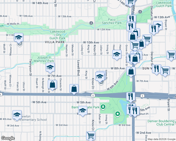 map of restaurants, bars, coffee shops, grocery stores, and more near 3456 West 8th Avenue in Denver