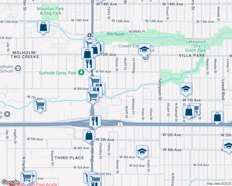 map of restaurants, bars, coffee shops, grocery stores, and more near 4812 West 8th Avenue in Denver