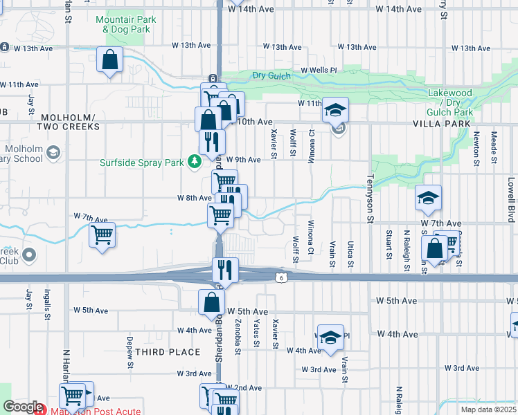 map of restaurants, bars, coffee shops, grocery stores, and more near 4966 West 8th Avenue in Denver