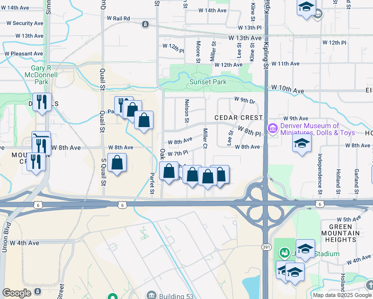 map of restaurants, bars, coffee shops, grocery stores, and more near 10645 West 7th Place in Lakewood