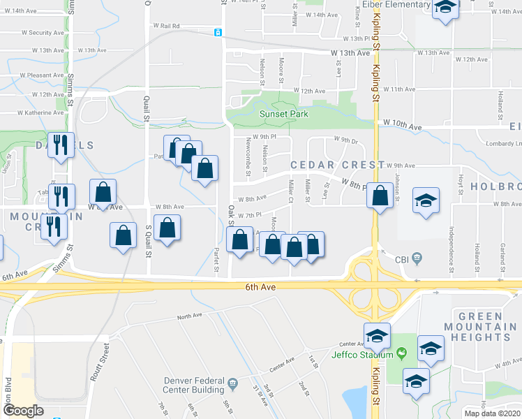 map of restaurants, bars, coffee shops, grocery stores, and more near 10645 West 7th Place in Lakewood