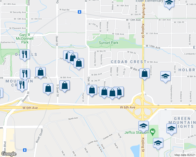map of restaurants, bars, coffee shops, grocery stores, and more near 10645 West 7th Place in Lakewood