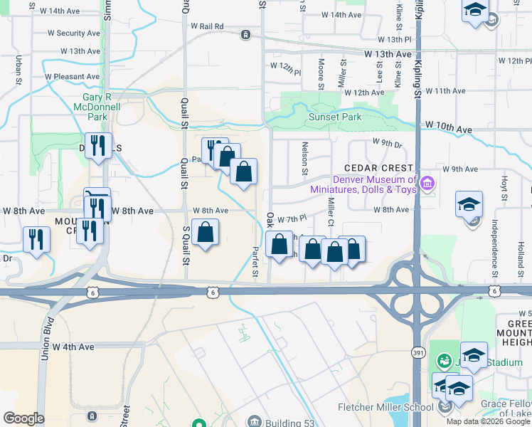 map of restaurants, bars, coffee shops, grocery stores, and more near 10765 West 7th Place in Denver