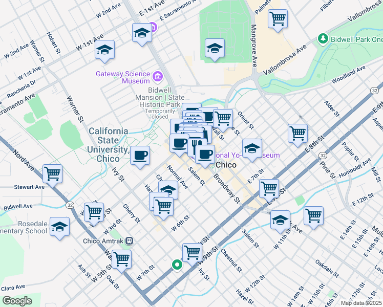 map of restaurants, bars, coffee shops, grocery stores, and more near 245 Broadway Street in Chico