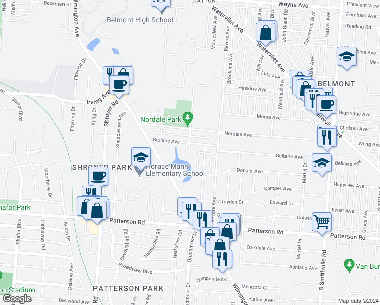 map of restaurants, bars, coffee shops, grocery stores, and more near 21 Dean Place in Dayton