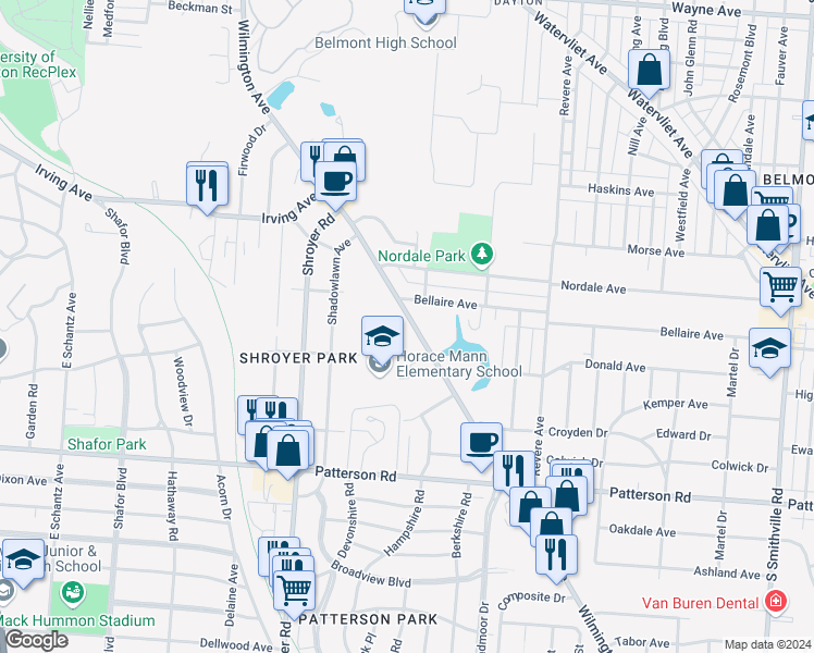 map of restaurants, bars, coffee shops, grocery stores, and more near 940 Wilmington Avenue in Dayton