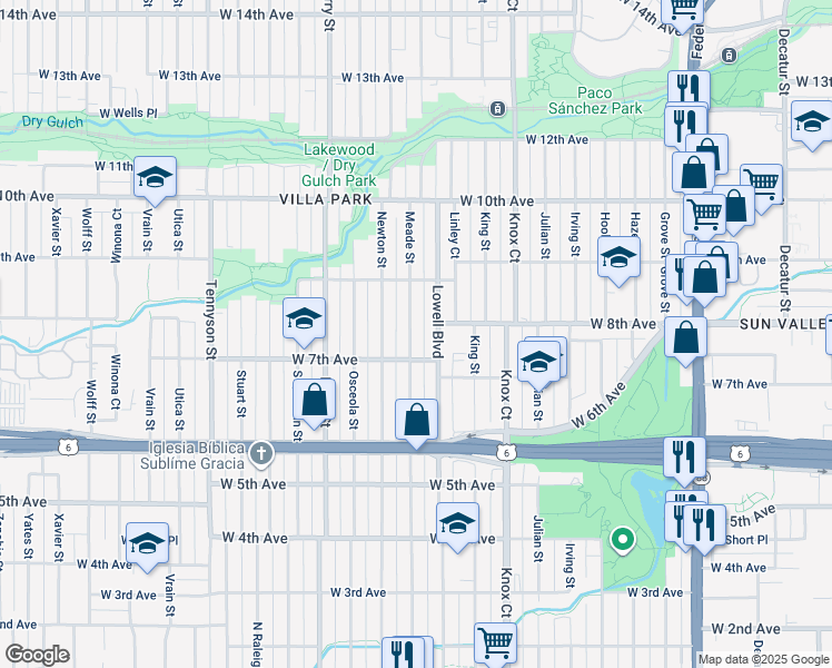 map of restaurants, bars, coffee shops, grocery stores, and more near 740 Meade Street in Denver