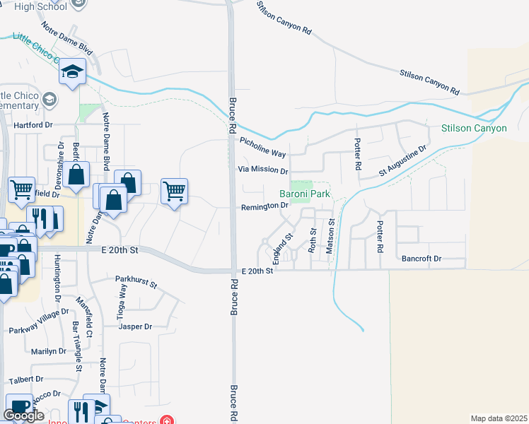 map of restaurants, bars, coffee shops, grocery stores, and more near 171 Remington Drive in Chico