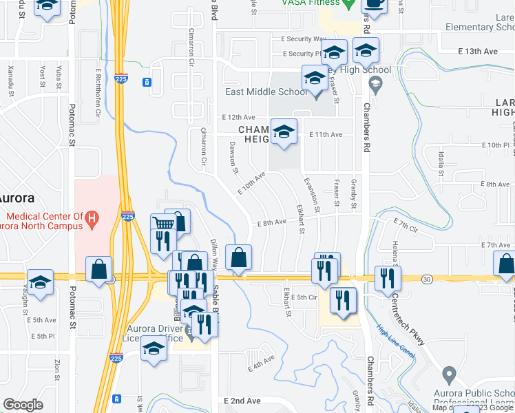 map of restaurants, bars, coffee shops, grocery stores, and more near 893 Dawson Street in Aurora