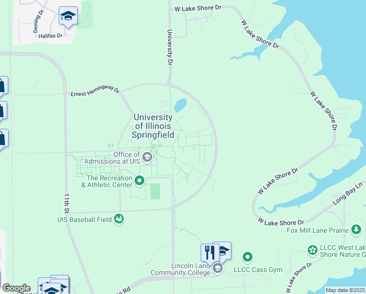 map of restaurants, bars, coffee shops, grocery stores, and more near UIS-LLCC Trail in Springfield