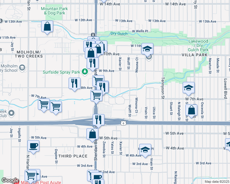 map of restaurants, bars, coffee shops, grocery stores, and more near 4966 West 8th Avenue in Denver