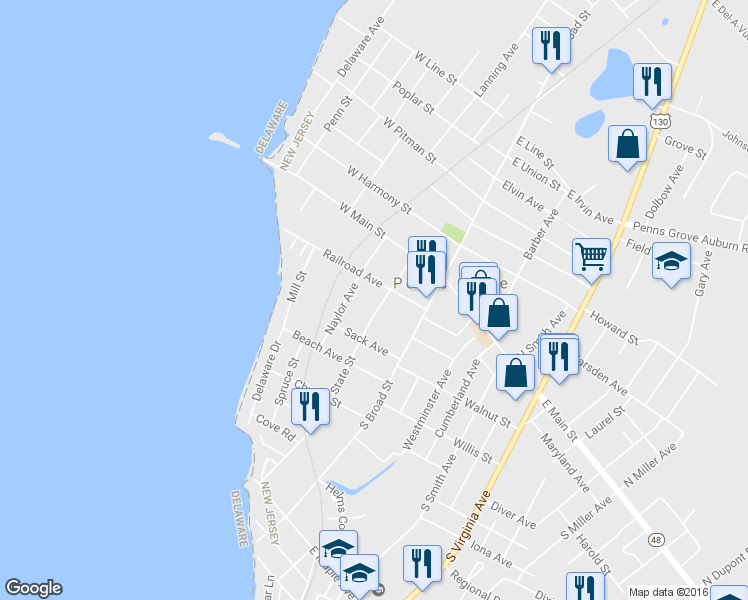 map of restaurants, bars, coffee shops, grocery stores, and more near 40 State St in Penns Grove
