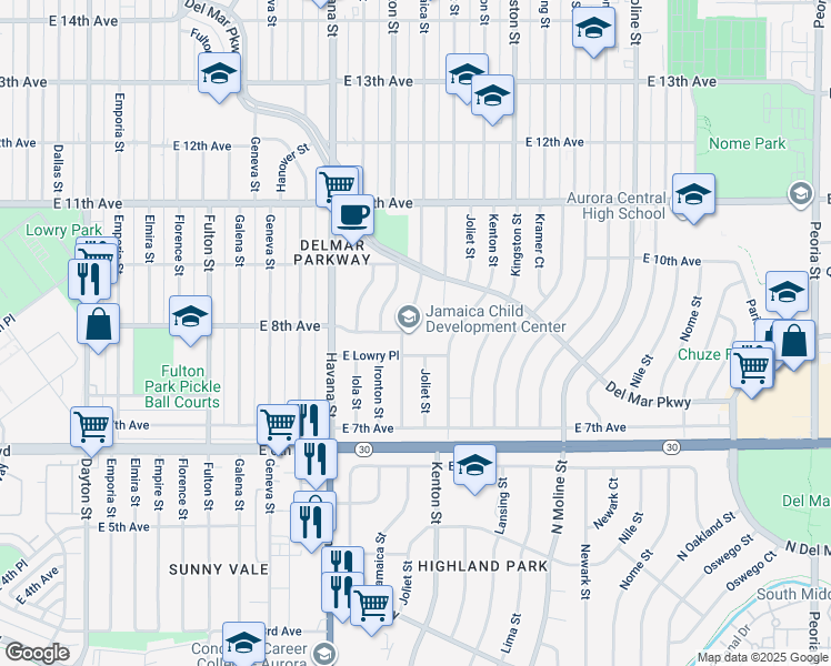 map of restaurants, bars, coffee shops, grocery stores, and more near 800 Jamaica Street in Aurora
