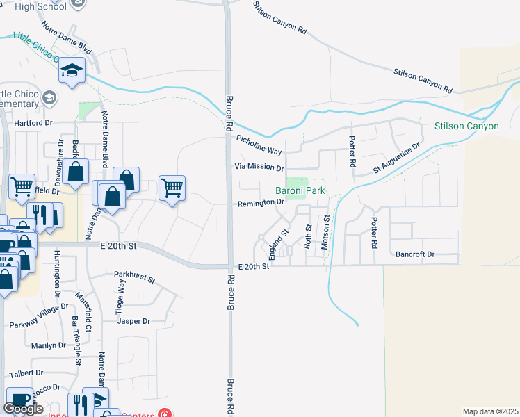 map of restaurants, bars, coffee shops, grocery stores, and more near 171 Remington Drive in Chico