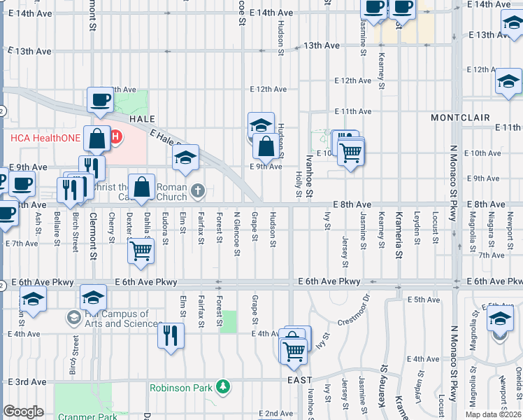 map of restaurants, bars, coffee shops, grocery stores, and more near 790 Grape Street in Denver