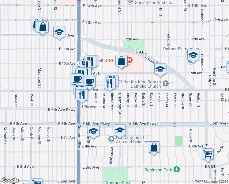 map of restaurants, bars, coffee shops, grocery stores, and more near 785 Clermont Street in Denver