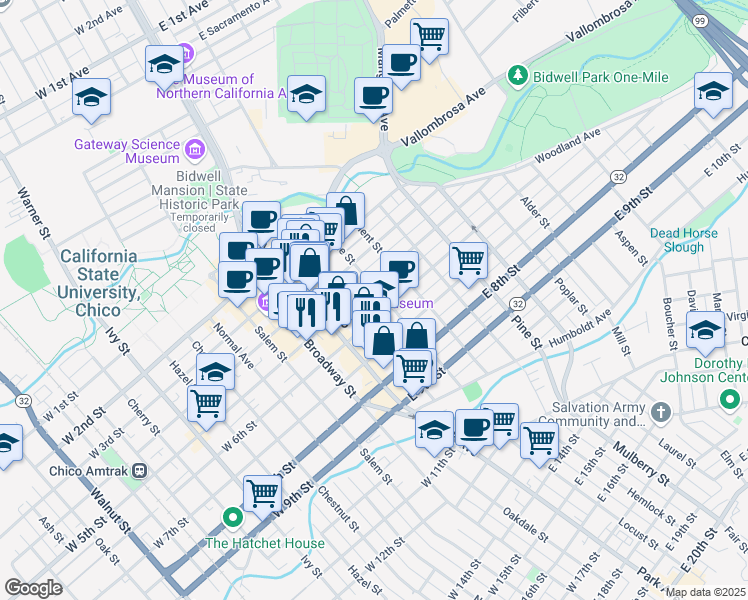 map of restaurants, bars, coffee shops, grocery stores, and more near 285 East 5th Street in Chico