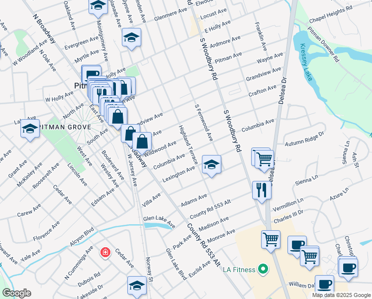 map of restaurants, bars, coffee shops, grocery stores, and more near 422 Highland Terrace in Pitman