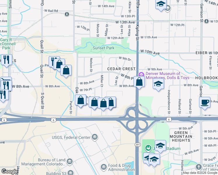 map of restaurants, bars, coffee shops, grocery stores, and more near 10280 West 8th Avenue in Lakewood