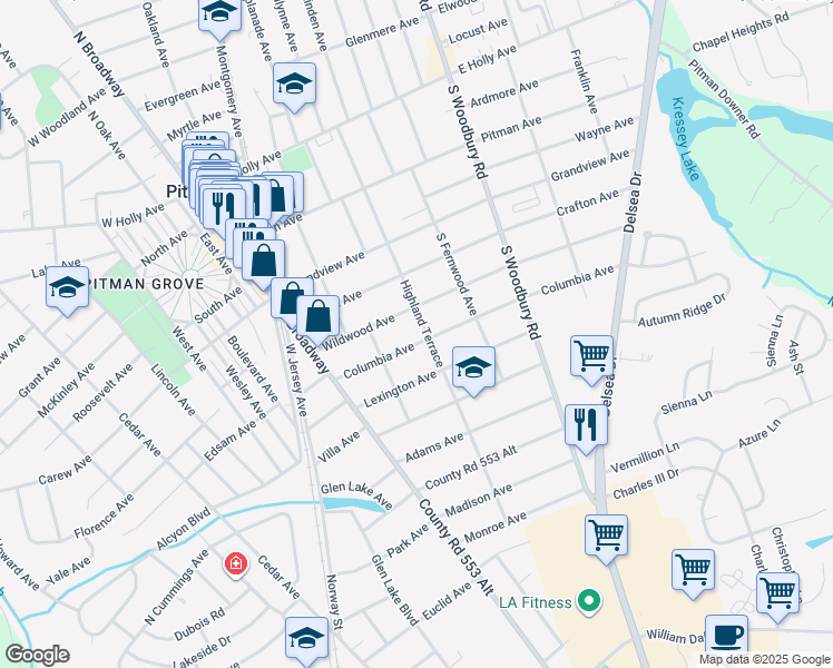 map of restaurants, bars, coffee shops, grocery stores, and more near 422 Highland Terrace in Pitman