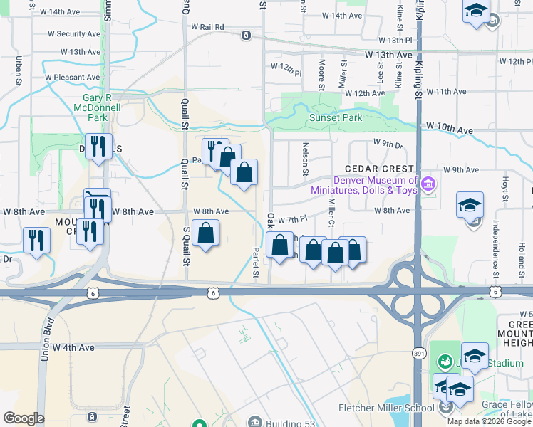 map of restaurants, bars, coffee shops, grocery stores, and more near 10765 West 7th Place in Denver