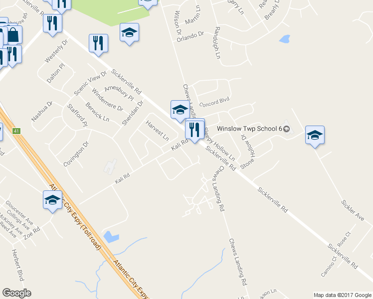 map of restaurants, bars, coffee shops, grocery stores, and more near 9 Park Side Drive in Sicklerville