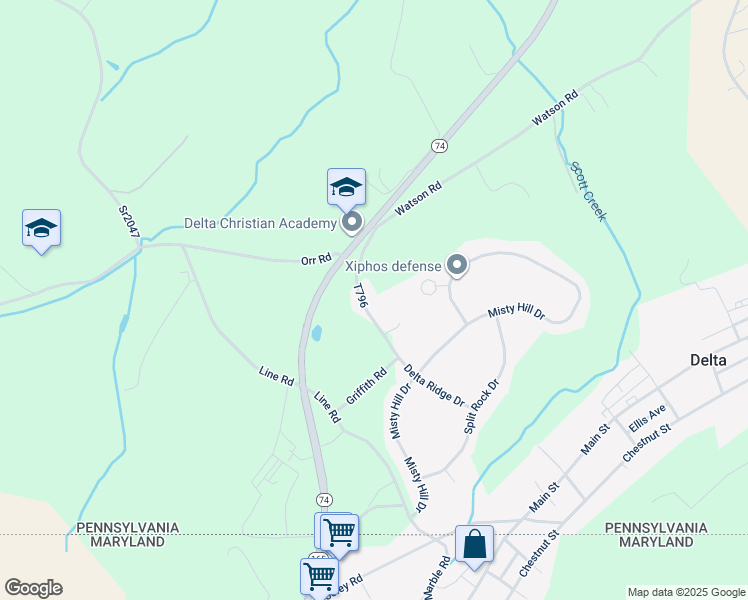 map of restaurants, bars, coffee shops, grocery stores, and more near 99 Griffith Road in Delta