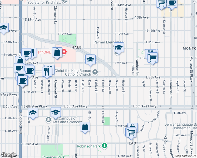 map of restaurants, bars, coffee shops, grocery stores, and more near 782 Fairfax Street in Denver