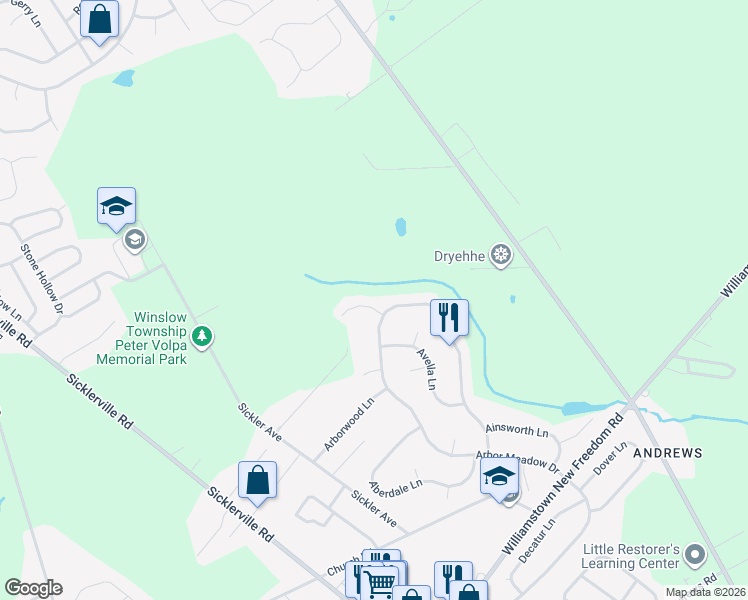 map of restaurants, bars, coffee shops, grocery stores, and more near 4 Ashton Lane in Sicklerville