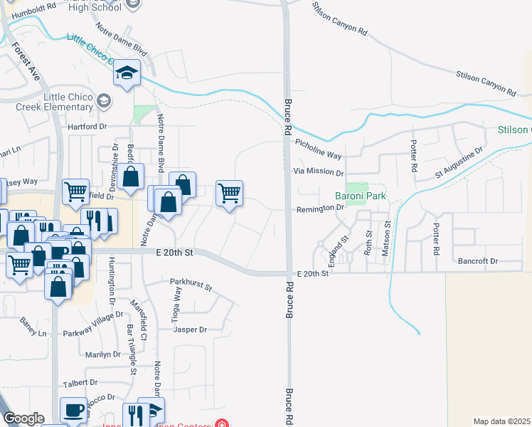 map of restaurants, bars, coffee shops, grocery stores, and more near 1802 Foundation Lane in Chico