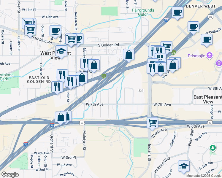 map of restaurants, bars, coffee shops, grocery stores, and more near 790 Kilmer Street in Golden