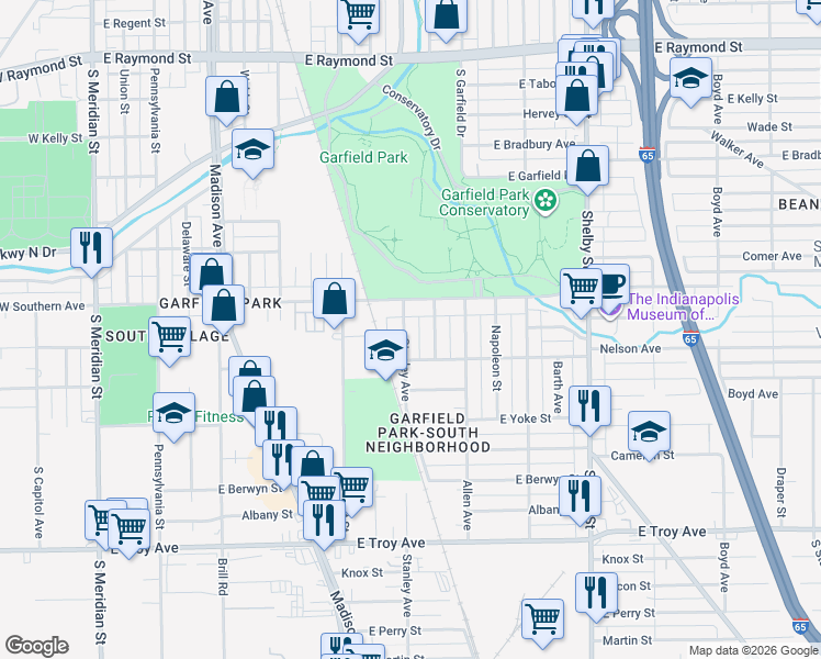 map of restaurants, bars, coffee shops, grocery stores, and more near 2631 Stanley Avenue in Indianapolis