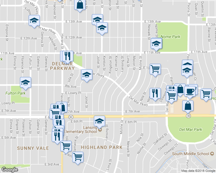 map of restaurants, bars, coffee shops, grocery stores, and more near 865 Lansing Street in Aurora