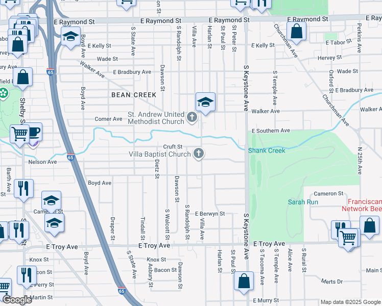 map of restaurants, bars, coffee shops, grocery stores, and more near 2641 South Randolph Street in Indianapolis