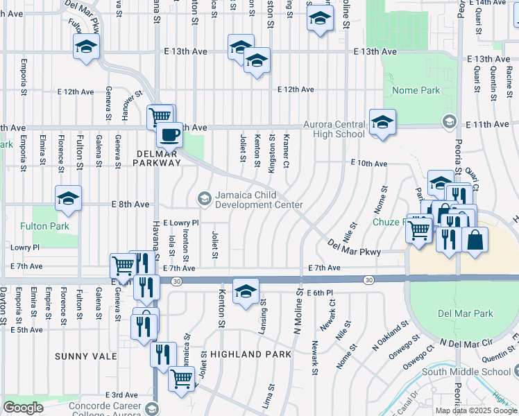 map of restaurants, bars, coffee shops, grocery stores, and more near 865 Lansing Street in Aurora