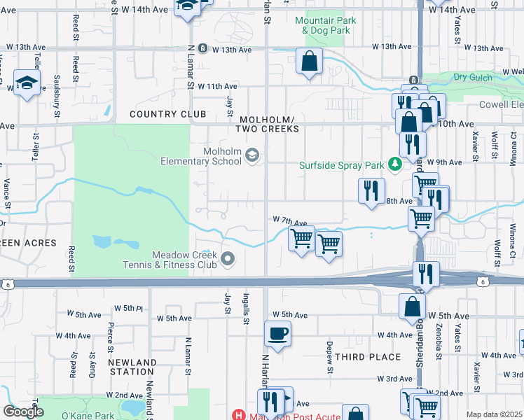 map of restaurants, bars, coffee shops, grocery stores, and more near 755 North Harlan Street in Lakewood