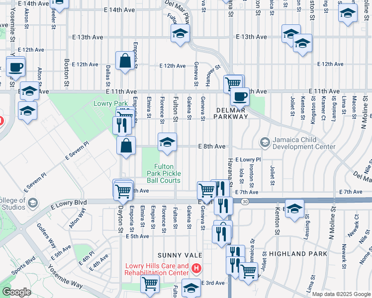 map of restaurants, bars, coffee shops, grocery stores, and more near 799 Galena Street in Aurora