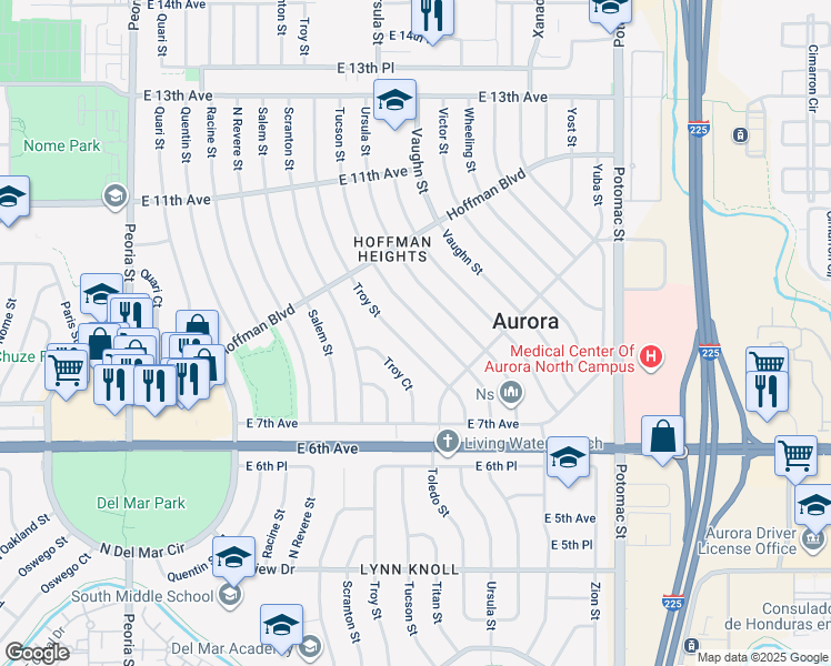 map of restaurants, bars, coffee shops, grocery stores, and more near 885 Tucson Street in Aurora