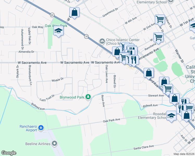 map of restaurants, bars, coffee shops, grocery stores, and more near 125 Hampshire Drive in Chico