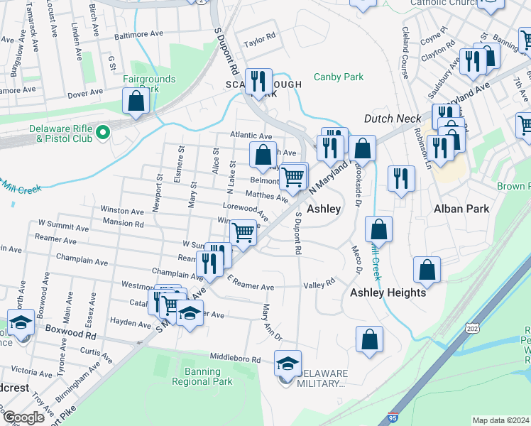 map of restaurants, bars, coffee shops, grocery stores, and more near 3 Lorewood Avenue in Wilmington