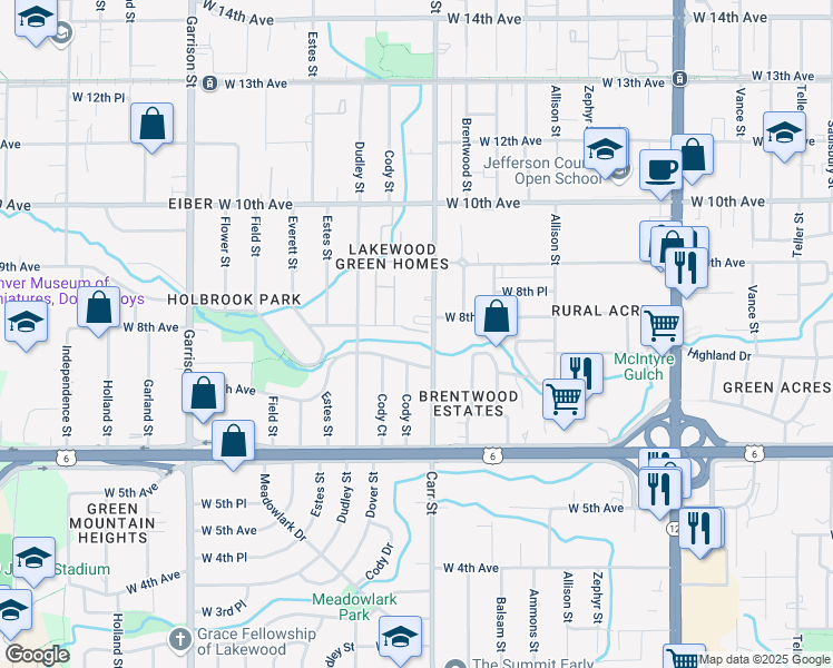 map of restaurants, bars, coffee shops, grocery stores, and more near 771 Carr Street in Lakewood