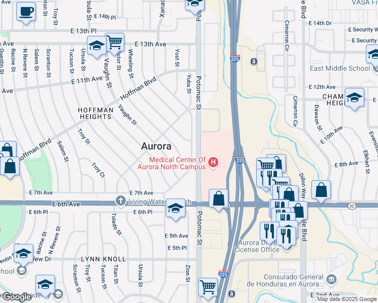 map of restaurants, bars, coffee shops, grocery stores, and more near 865 Zion Street in Aurora