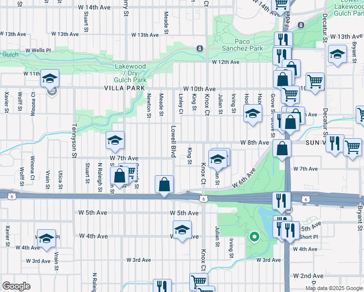 map of restaurants, bars, coffee shops, grocery stores, and more near 3636 West 8th Avenue in Denver