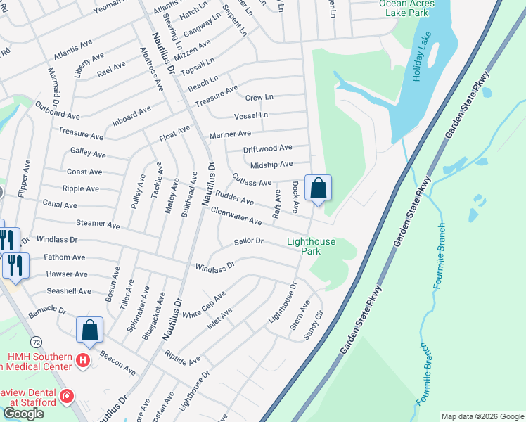 map of restaurants, bars, coffee shops, grocery stores, and more near 258 Raft Avenue in Stafford Township