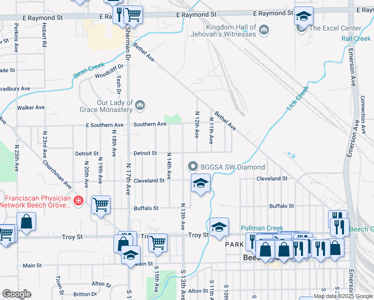 map of restaurants, bars, coffee shops, grocery stores, and more near 401 N 13th Ave in Beech Grove