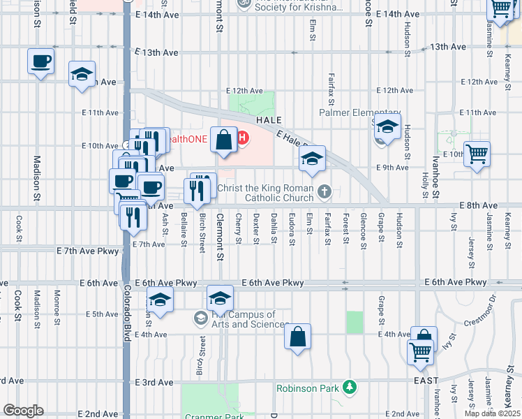 map of restaurants, bars, coffee shops, grocery stores, and more near 780 Dexter Street in Denver