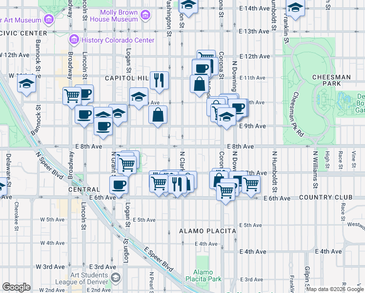 map of restaurants, bars, coffee shops, grocery stores, and more near East 8th Avenue & Clarkson Street in Denver