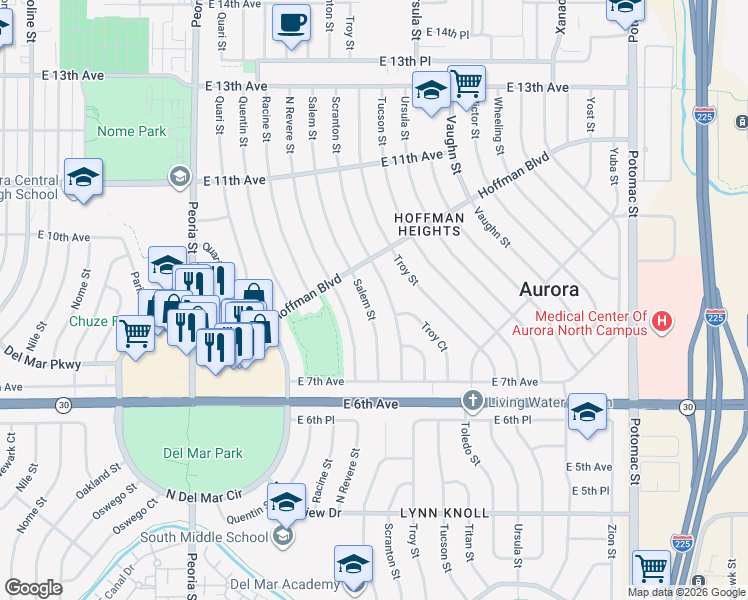 map of restaurants, bars, coffee shops, grocery stores, and more near 836 Salem Street in Aurora