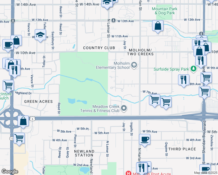 map of restaurants, bars, coffee shops, grocery stores, and more near 779 Kendall Court in Lakewood